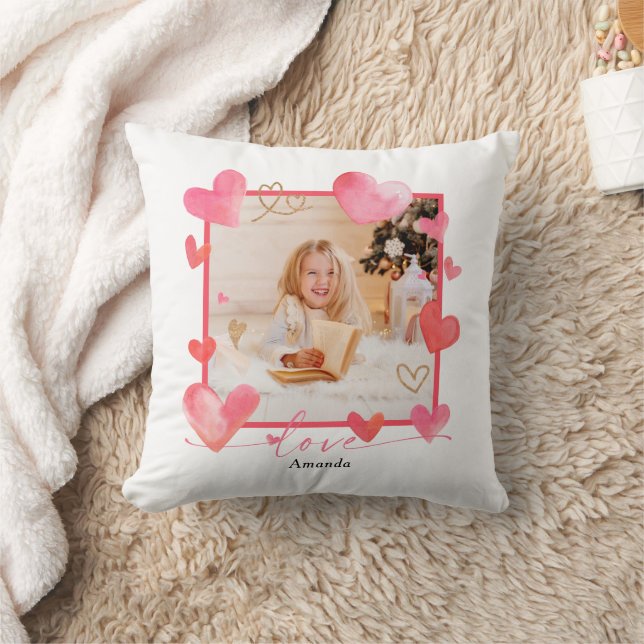 Watercolor Heart Frame Photo Valentine's Throw Pillow (Blanket)
