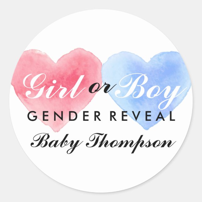 Watercolor Heart Gender Reveal Party Sticker (Front)