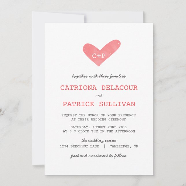Watercolor Heart Handwritten Wedding Invitations (Front)