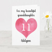 Watercolor Heart Happy 11th Birthday Granddaughter