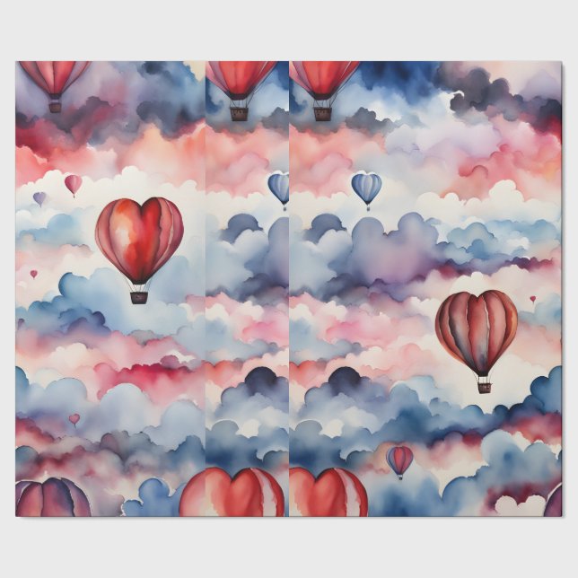 Watercolor Heart Hot Air Balloon  Wrapping Paper (Seam)