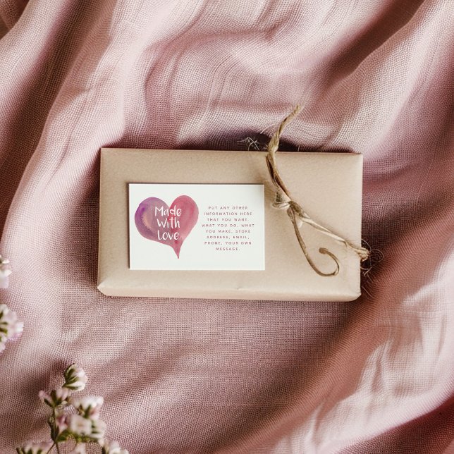 Watercolor heart made with love Social Links Enclosure Card (Handmade gift wrapped in kraft paper with twine, featuring a ‘Made with Love’ tag with social media )