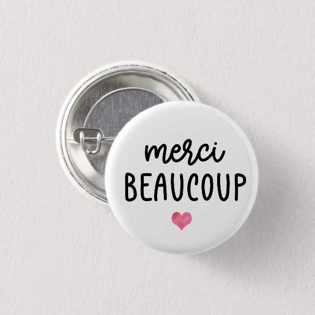 Watercolor Heart Merci Beacoup 1 Inch Round Button (Front & Back)