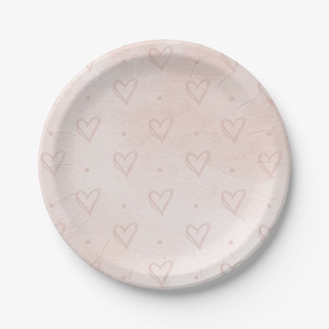 Watercolor Heart Paper Plates, Dusty Pink Paper Plate (Front)