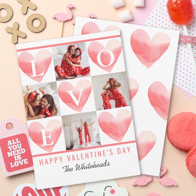 Watercolor Heart Photo Collage Valentine's Holiday Card (Send some love to your family and friends with this photo collage Valentine's Day card.)