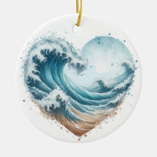 WATERCOLOR HEART SHAPED WAVES ON THE BEACH CERAMIC ORNAMENT
