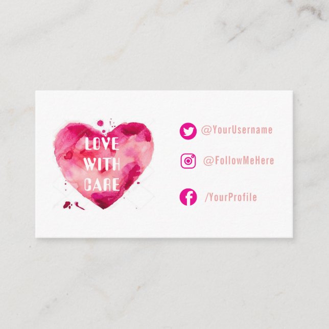 Watercolor Heart Social Links Note Card (Front)