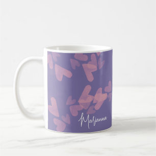 Watercolor Heart Stamps Pink Script Name Purple Coffee Mug