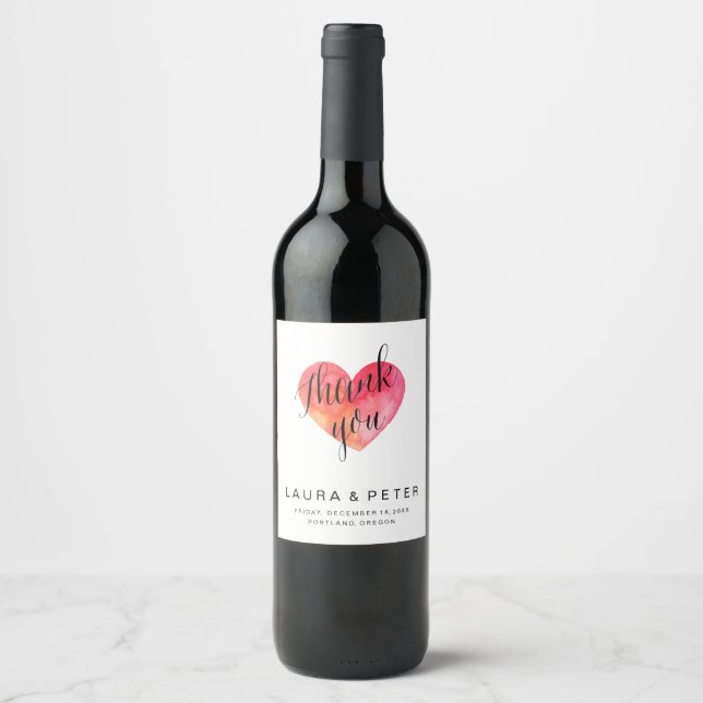 Watercolor heart Thank you | wedding favour Wine Label (Front)