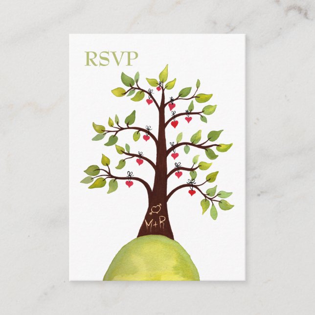 Watercolor Heart Tree Carving Wedding RSVP Cards (Front)