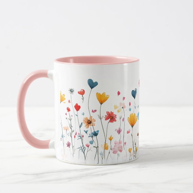 Watercolor Heart WildFlowers Valentines Mug (Left)