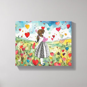 Watercolor Hearts and a Little Girl Canvas Print