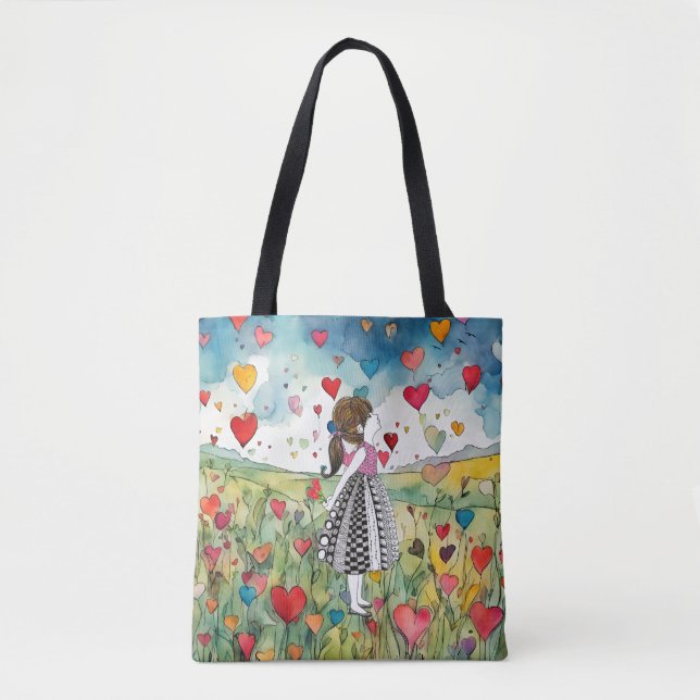 Watercolor Hearts and a Little Girl Tote Bag (Front)