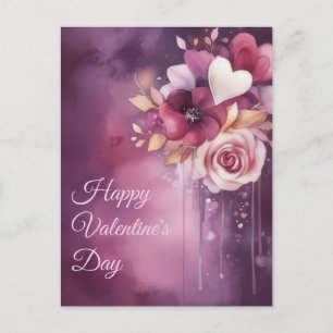 Watercolor Hearts and Flowers Valentine's Greeting Postcard
