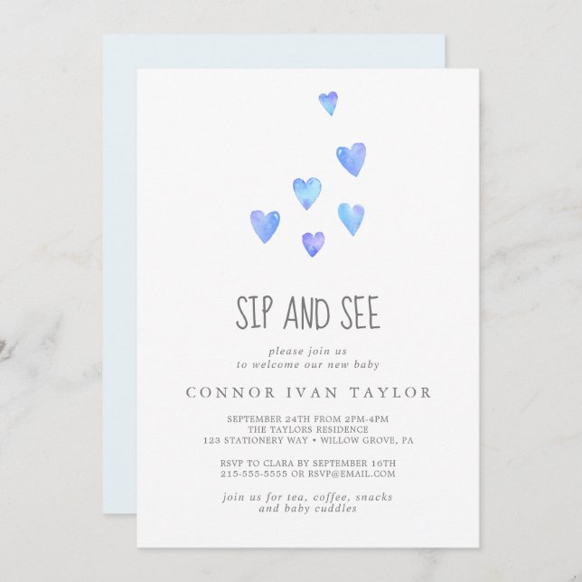 Watercolor Hearts Baby Boy Sip and See Invitation (Front/Back)