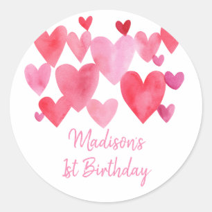 Watercolor Hearts Birthday Classic Round Sticker