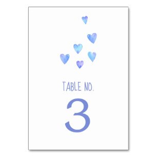 Watercolor Hearts Blue Text Boy Baby Shower Table Number
