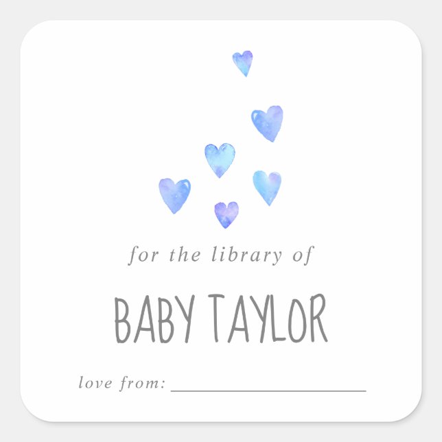 Watercolor Hearts Boy Baby Shower Bookplate Square Sticker (Front)