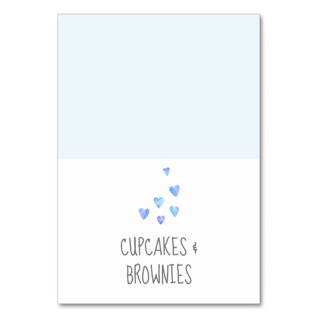 Watercolor Hearts Boy Baby Shower Buffet Labels Table Number (Front)