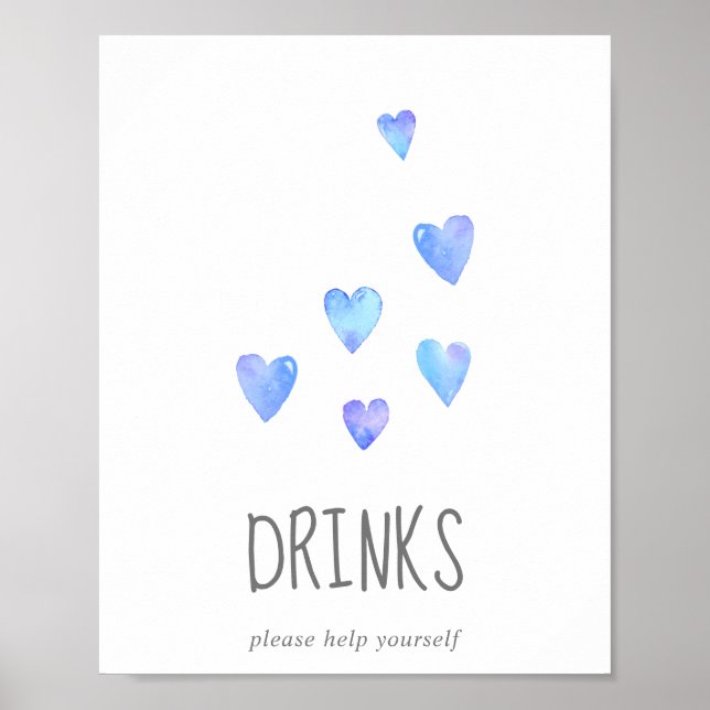 Watercolor Hearts Boy Baby Shower Drinks Sign (Front)