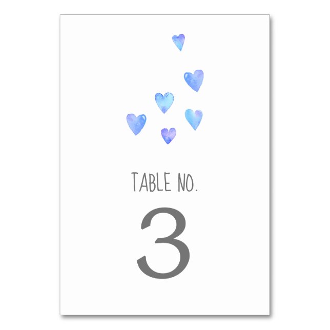 Watercolor Hearts Boy Baby Shower Table Number (Front)