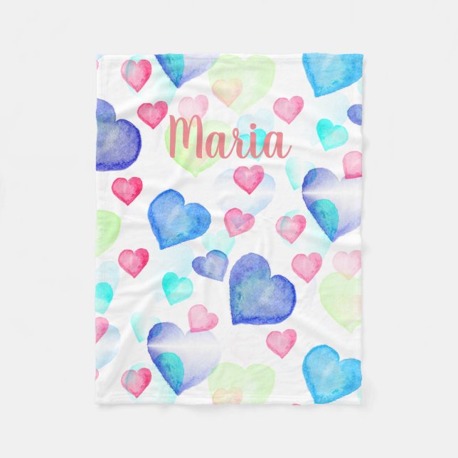 Watercolor Hearts Fleece Blanket (Front)