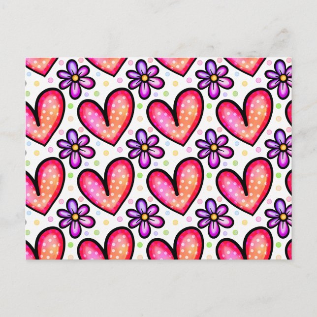 Watercolor Hearts & Flowers Valentine Pattern Postcard (Front)
