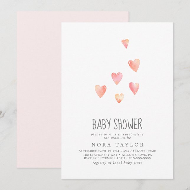 Watercolor Hearts Girl Baby shower Invitation (Devant / Derrière)
