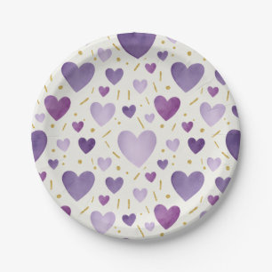 Watercolor Hearts & Gold Sprinkles Whimsical Paper Plate