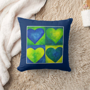 Watercolor Hearts Green Blue Heart Art Throw Pillow