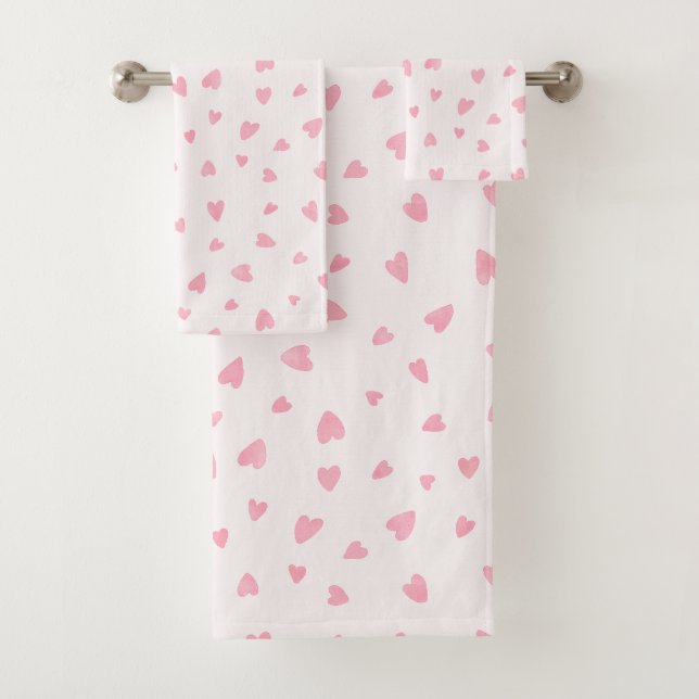 Watercolor hearts in light pink bath towel set (Insitu)