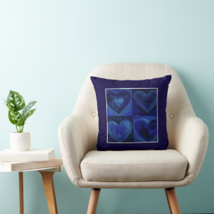 Watercolor Hearts Navy Royal Blue Heart Art Throw Pillow