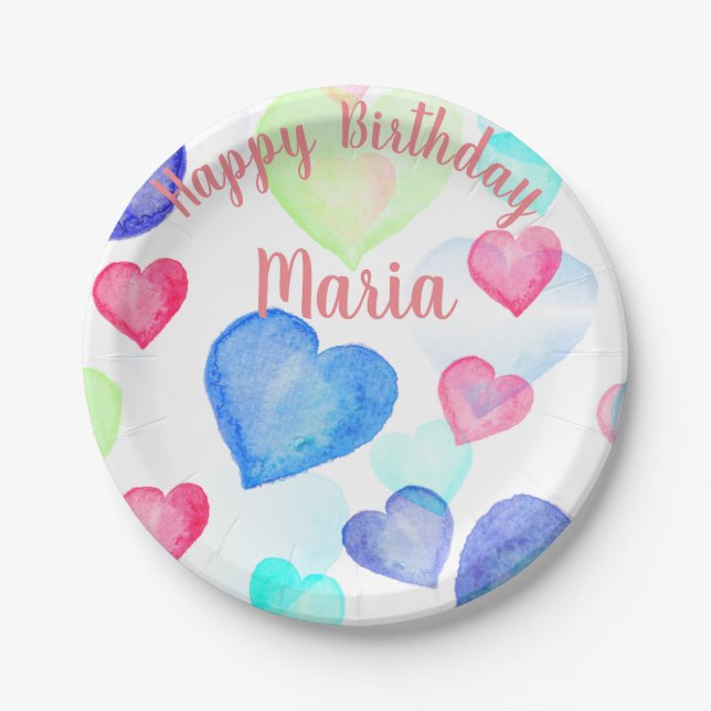Watercolor Hearts Paper Plate (Front)