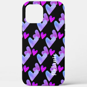 Watercolor Hearts Purple Pink Bold Monogrammed iPhone 12 Pro Max Case