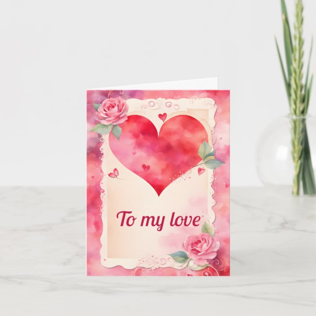 Watercolor Hearts Roses and Lace Valentine #2 Holiday Card (Front)