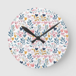 Watercolor hearts round clock