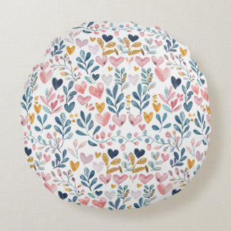 Watercolor hearts round pillow