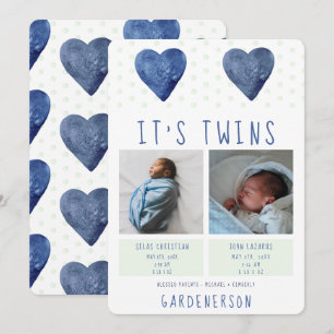 Watercolor Hearts Twins Boys Faire-part