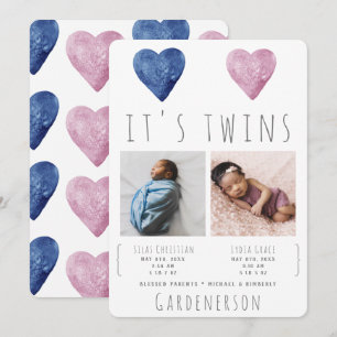 Watercolor Hearts Twins Faire-part