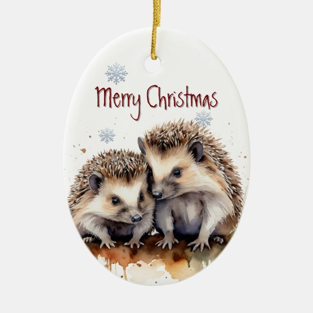 Watercolor Hedgehog Couple Wildlife  Animal Custom Ceramic Ornament (Front)