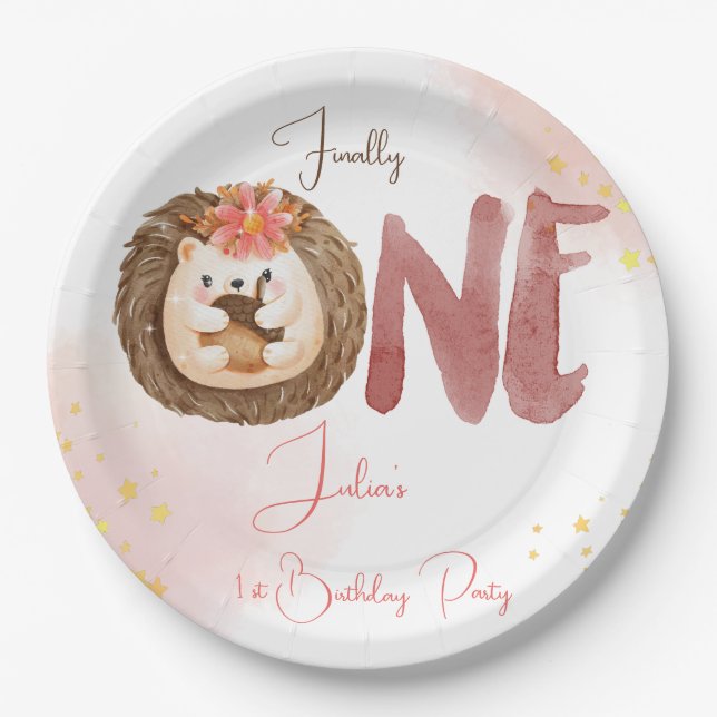 Watercolor hedgehog first Birthday  Paper Plate (Front)