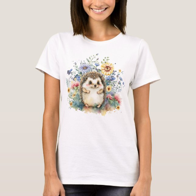 Watercolor Hedgehog in Flowers T-Shirt (Front)