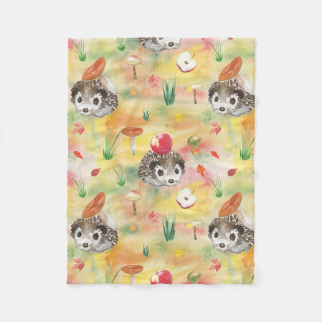 Watercolor hedgehog with mushrooms and apple fleece blanket (Front)