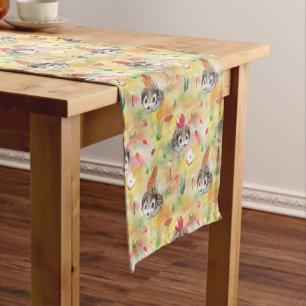 Watercolor hedgehog with mushrooms and apple short table runner