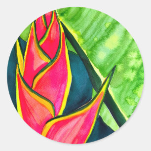 Watercolor heliconia tropical flower classic round sticker