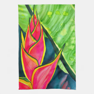 Watercolor heliconia tropical flower kitchen towel