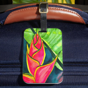 Watercolor heliconia tropical flower luggage tag