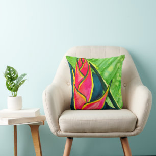 Watercolor heliconia tropical flower throw pillow