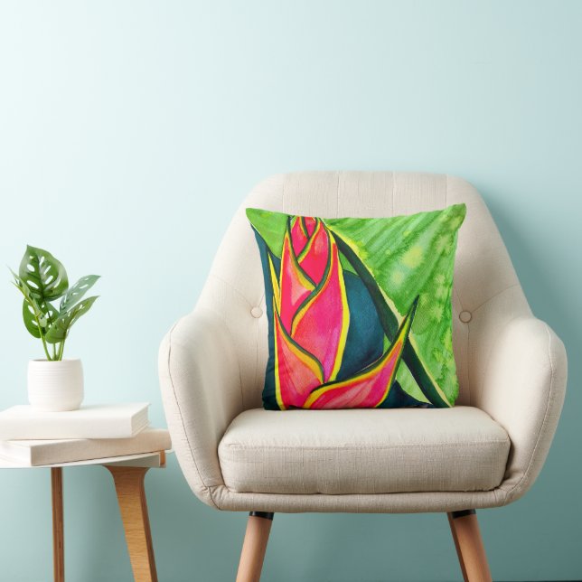 Watercolor heliconia tropical flower throw pillow (Chair)