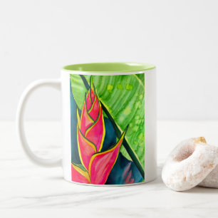 Watercolor heliconia tropical flower Two-Tone coffee mug